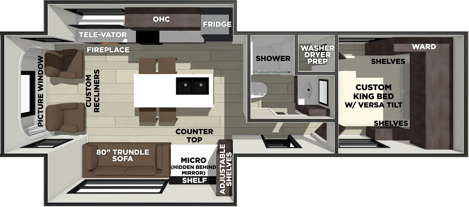 The Wildwood 270ZEN floorplan has one entry and two slide outs. Exterior features include: metal or fiberglass exterior. Interiors features include: kitchen island, front bedroom and rear living.